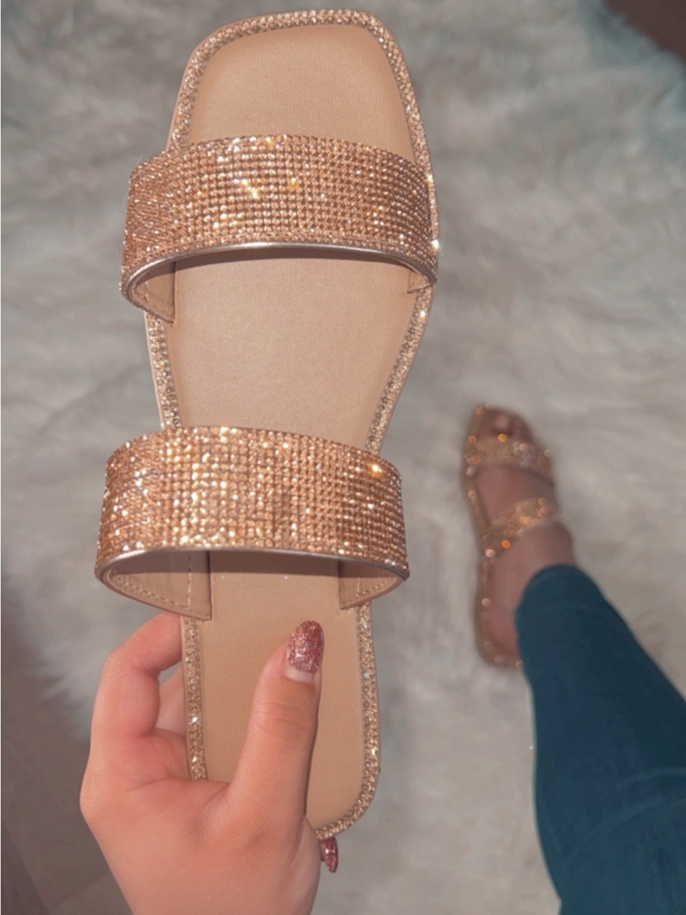 Sparkling Rose Gold Double Strap Slide Sandals